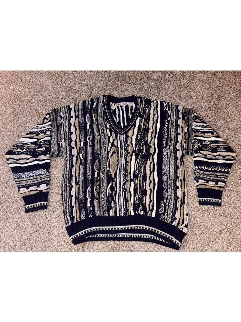 Vintage Giorgio di Firenze Sweater Men's L Blue 3D Knit Cable 90s Biggie Cosby